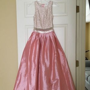 Pink dress with beige top and pink & silver belt